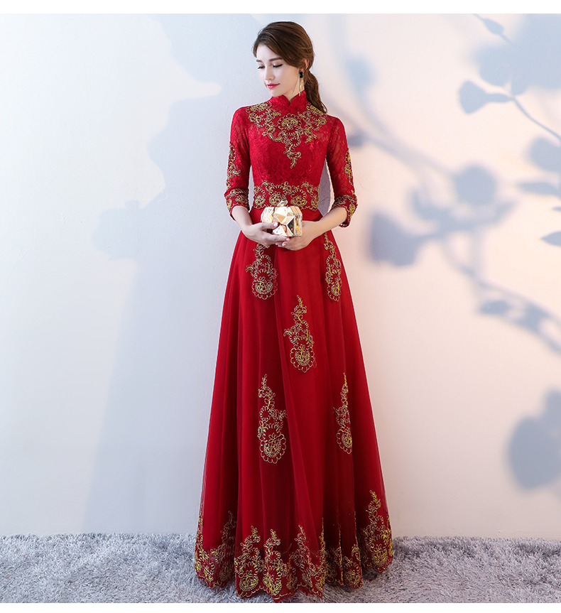 端莊典雅中式禮服，紅色蕾絲長(zhǎng)款晚禮服