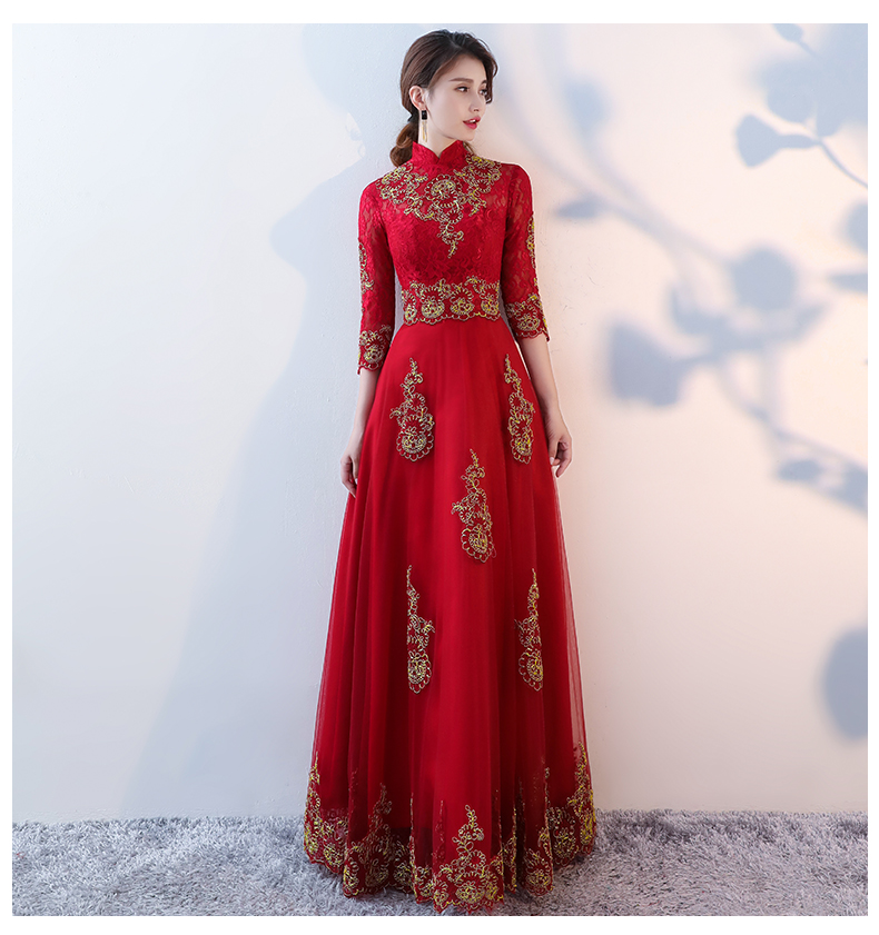 端莊典雅中式禮服，紅色蕾絲長(zhǎng)款晚禮服