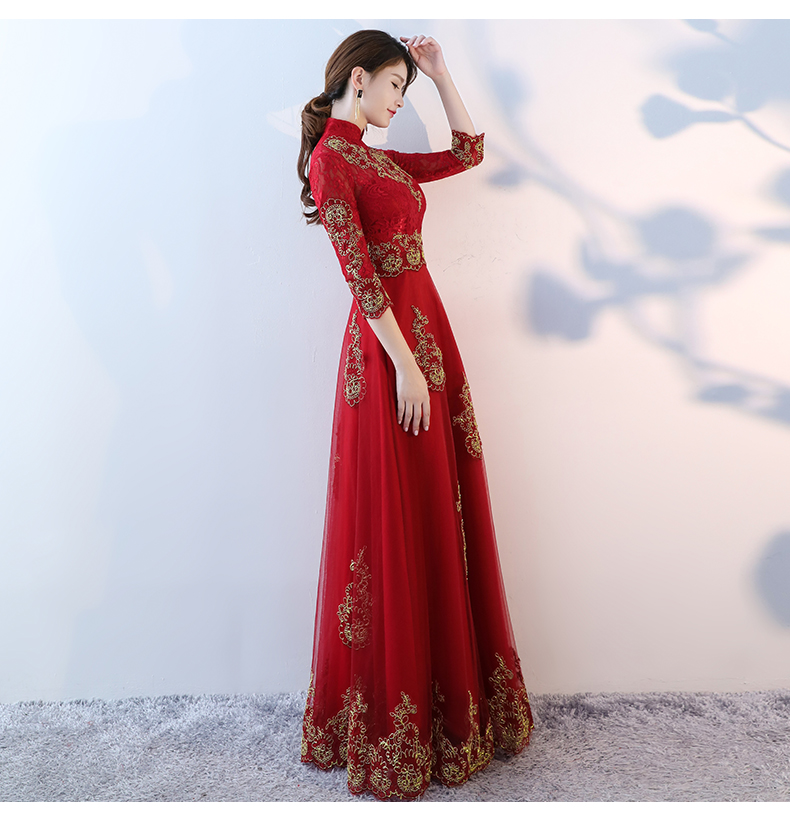 端莊典雅中式禮服，紅色蕾絲長(zhǎng)款晚禮服