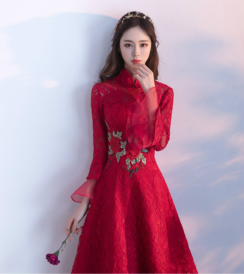 傳統復古印花中式禮服，紅色蕾絲新娘晚禮服