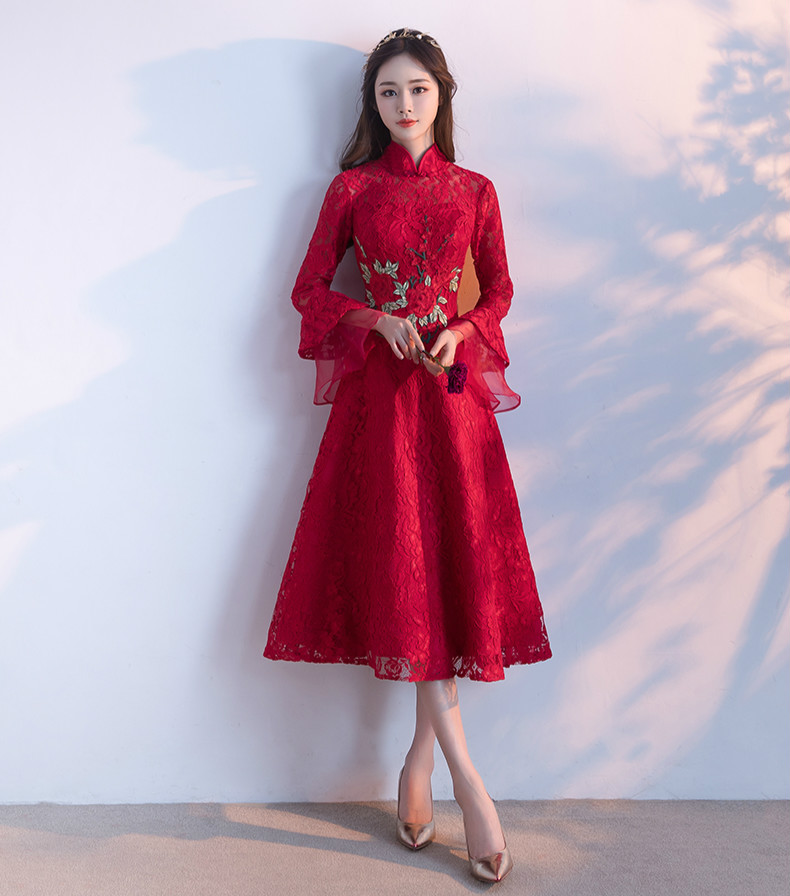 傳統復古印花中式禮服，紅色蕾絲新娘晚禮服