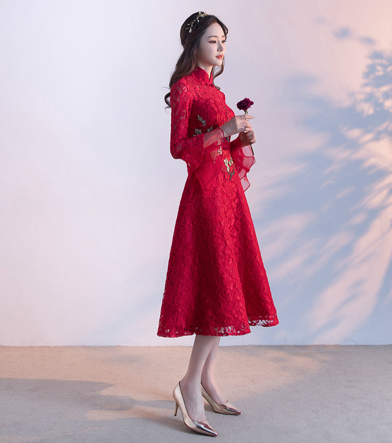 傳統復古印花中式禮服，紅色蕾絲新娘晚禮服