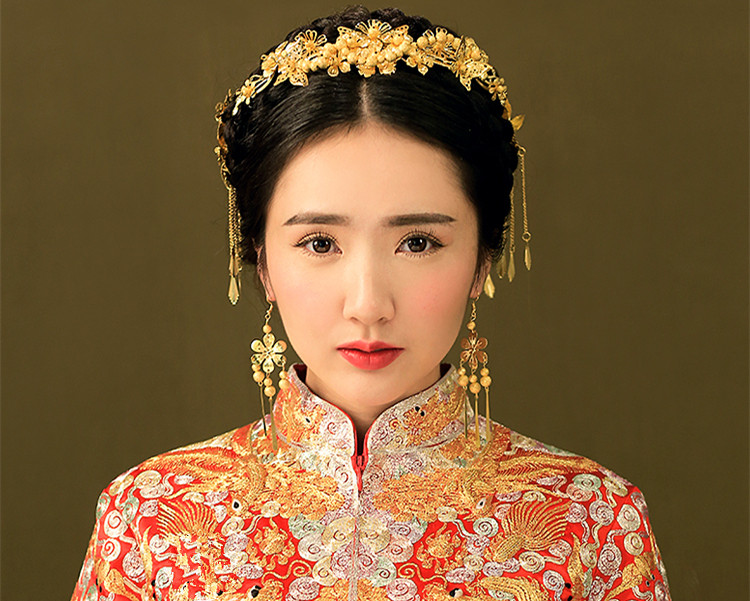 中式新娘步搖頭飾，金色古裝發(fā)飾套裝