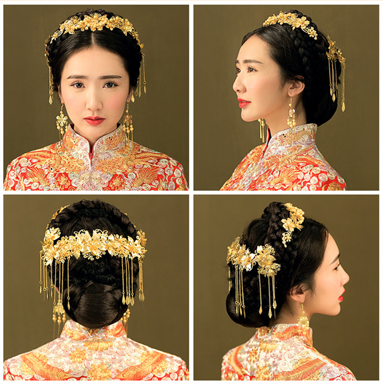 中式新娘步搖頭飾，金色古裝發(fā)飾套裝