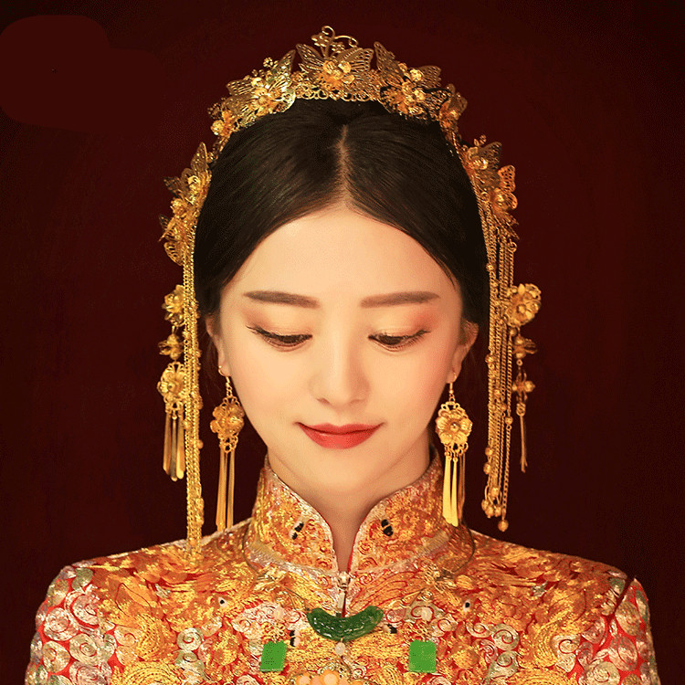 女子金色流蘇古風頭飾，鳳冠配飾品