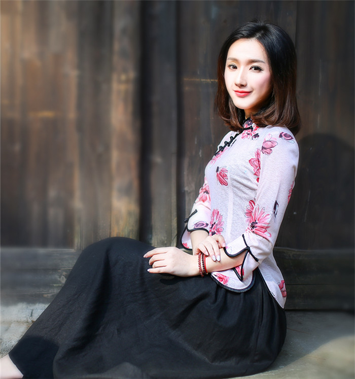 春秋裝中式唐裝女印花長(zhǎng)袖