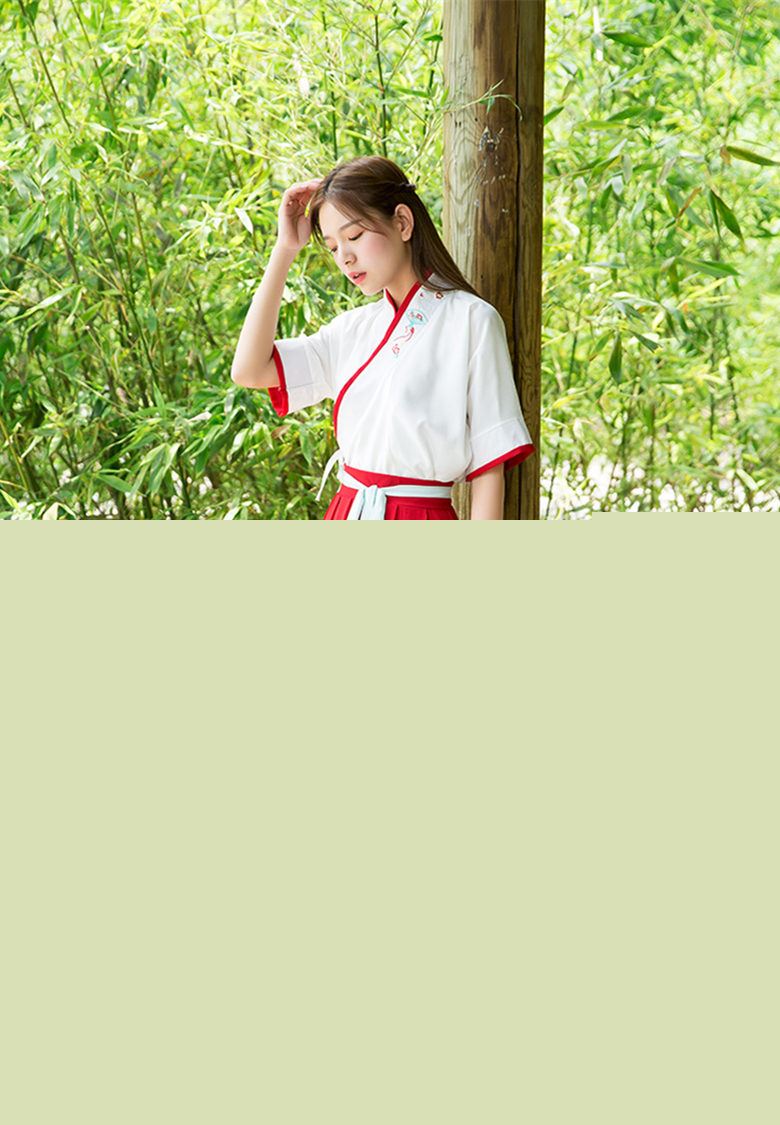 漢元素交領(lǐng)紅白拼接繡扇夏裝