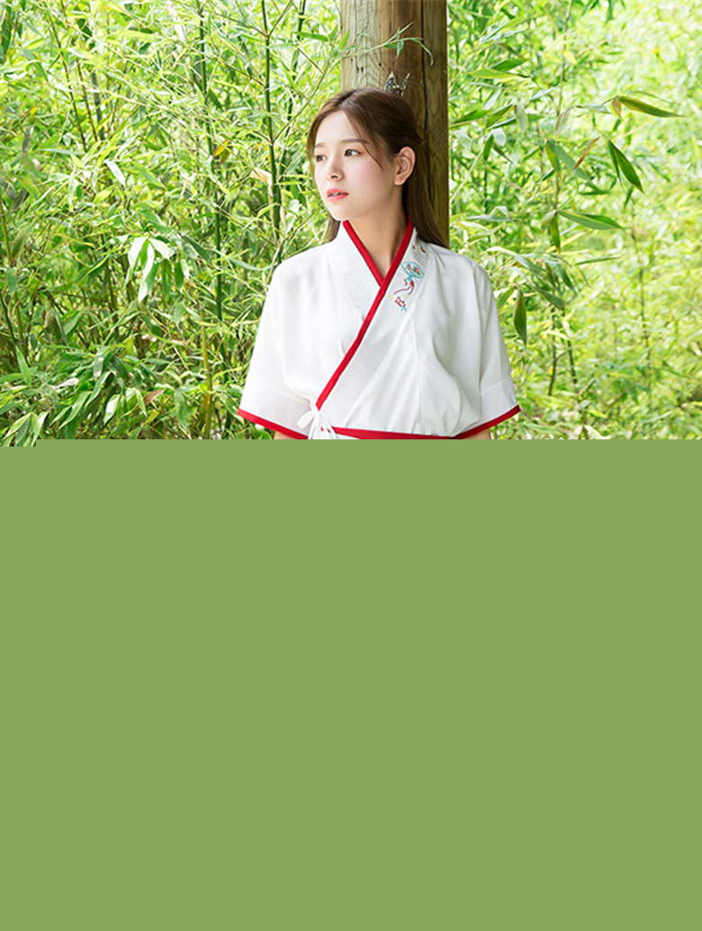 漢元素交領(lǐng)紅白拼接繡扇夏裝