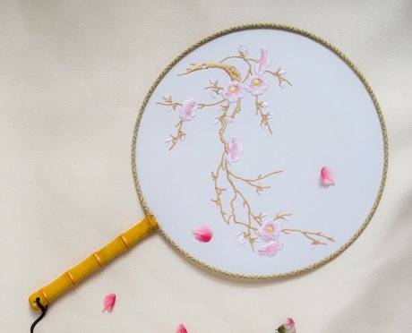 清新桃花刺繡團(tuán)扇，粉色韻味繡花宮扇工藝扇子