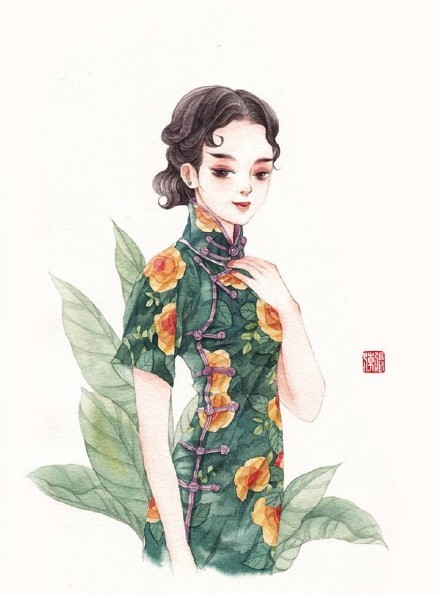 清新水彩旗袍女子插畫，唯美的古風(fēng)插畫圖集