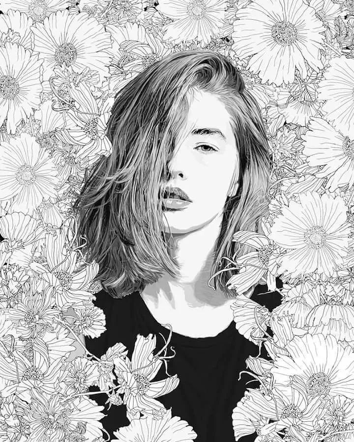 美人與花插畫(huà)：用線條淋漓盡致展現(xiàn)女性魅力！