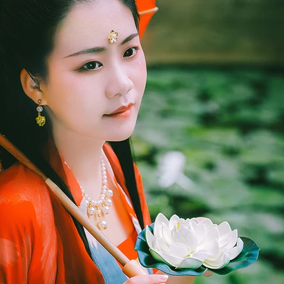 蓮池邊帶紅傘紅衣女生頭像，唯美古風(fēng)真人頭像