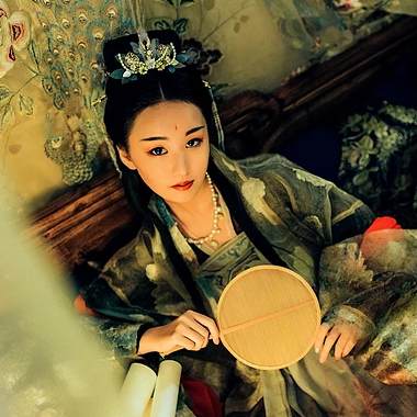 華麗妝容帶團扇女子頭像，唯美古風真人頭像