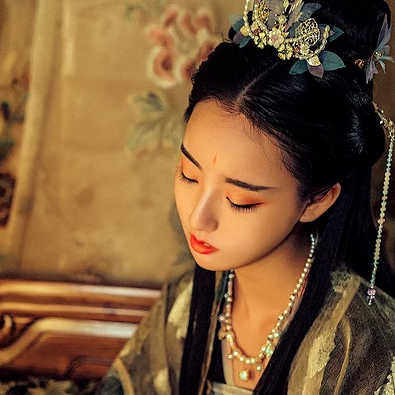 華麗妝容帶團扇女子頭像，唯美古風真人頭像